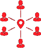 Seis siluetas de cabezas conectadas a una ubicación en el centro